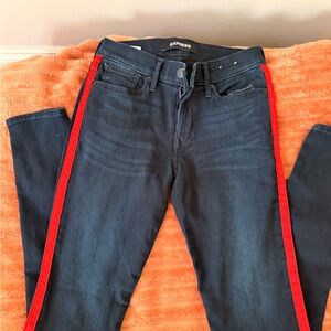 Express Women's Skinny Jeans - Dark Blue with Red Stripe